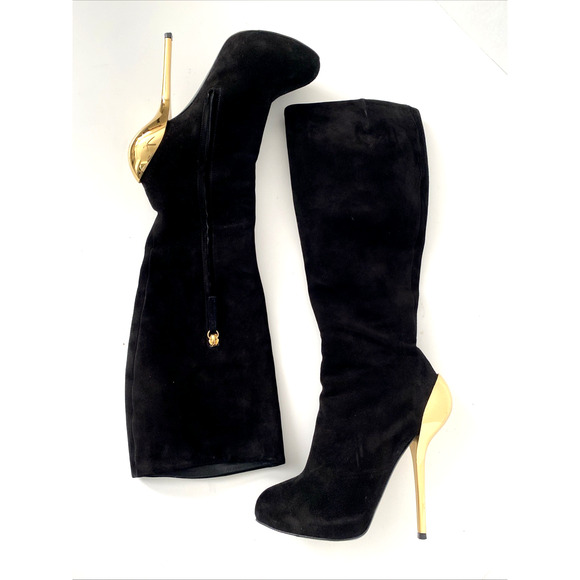 Giuseppe Zanotti Boot Black Suede Sculpted Gold Metallic Slim Heel Knee … - Picture 3 of 9